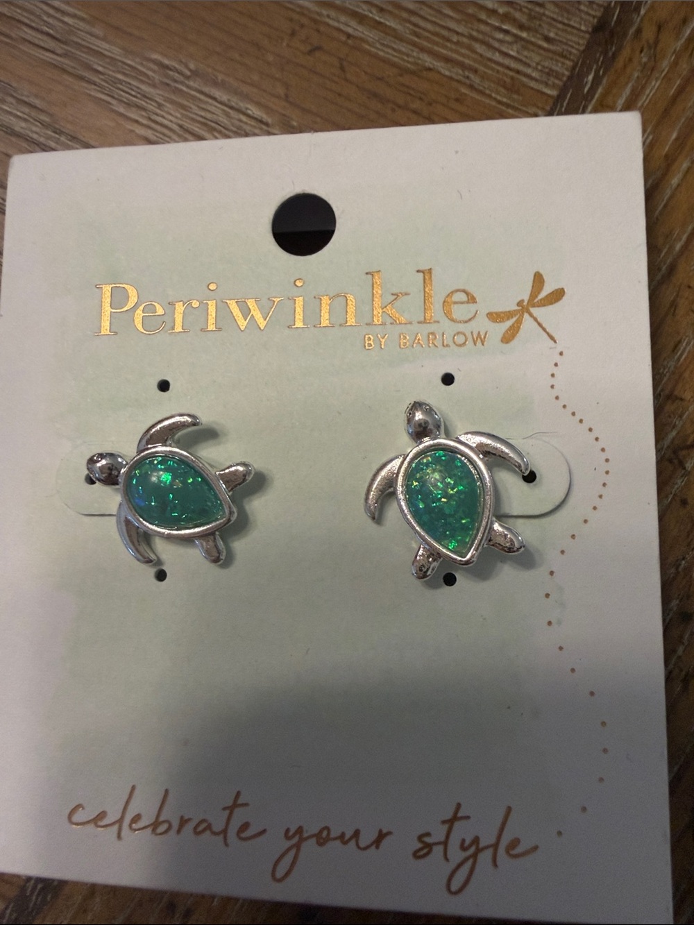 Periwinkle by Barlow Silver Turtle Earrings with Iridescent Green Inlay